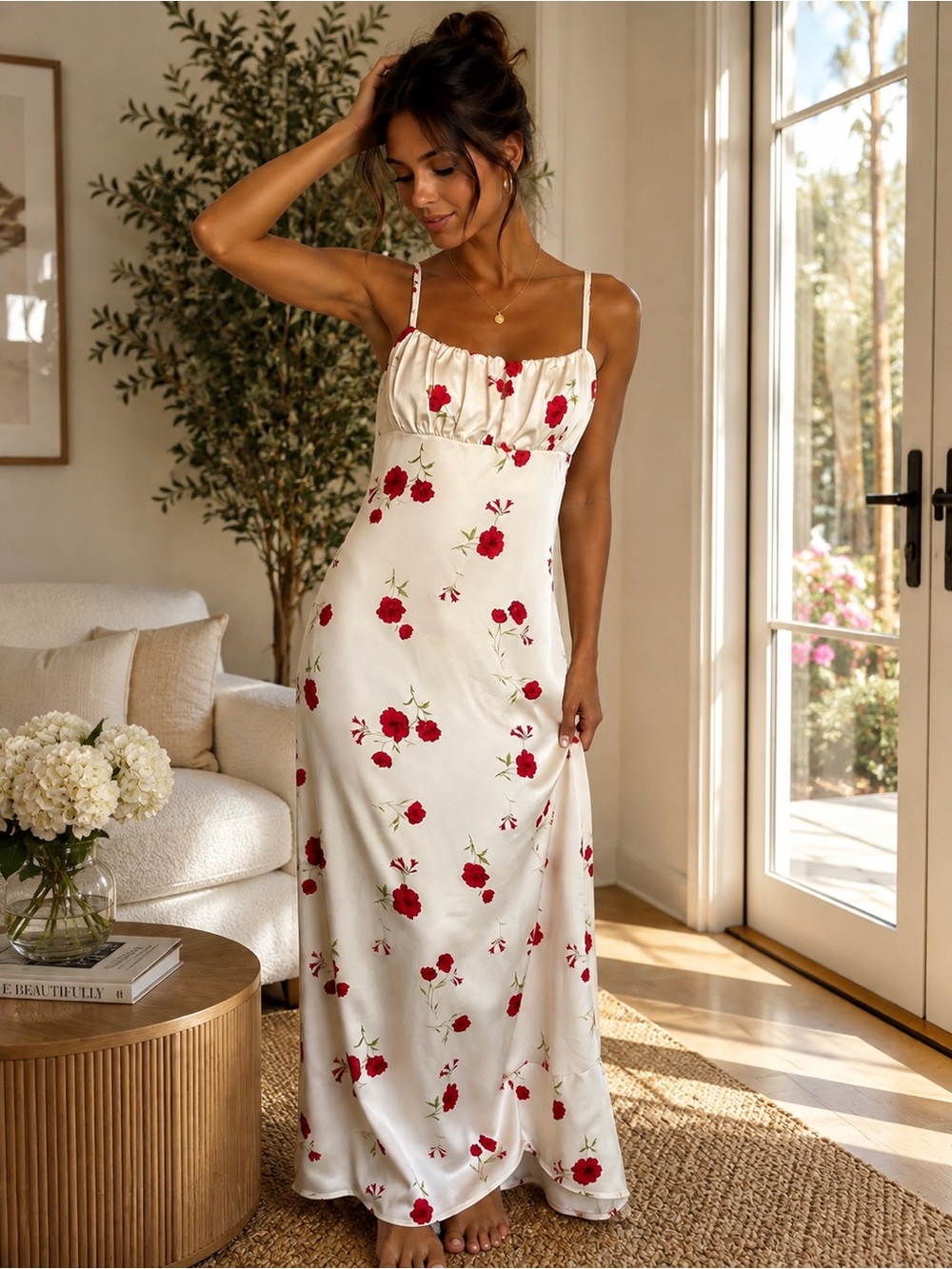 Thirty/Thirty Floral Satin Maxi Dress Ivory Red Size XL NWT